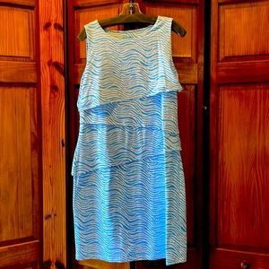 Dress- sleeveless, floating layer sheath flattering shape